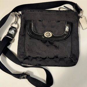 Coach Black Signature Crossbody with Turnlock Pocket and Leather Trim